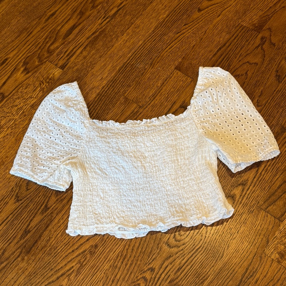 White Smocked Puff Sleeve Eyelet Crop Top